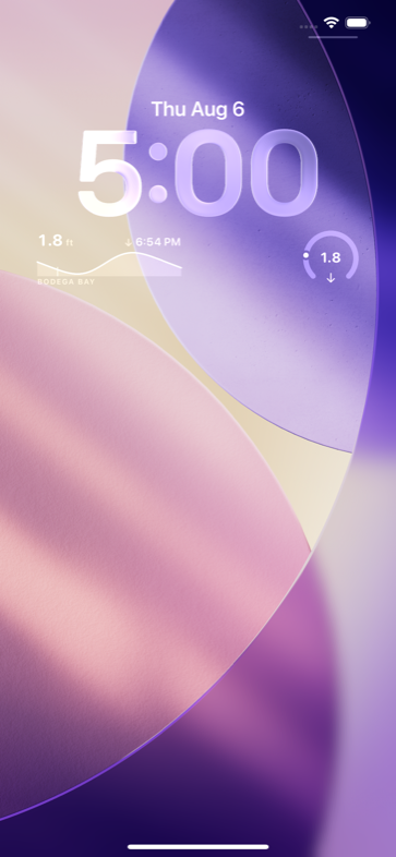 iPhone lock screen showing the Tide Chart lock screen widgets: today's curve with the level of 1.8 feet, and a circular widget with the next turn.